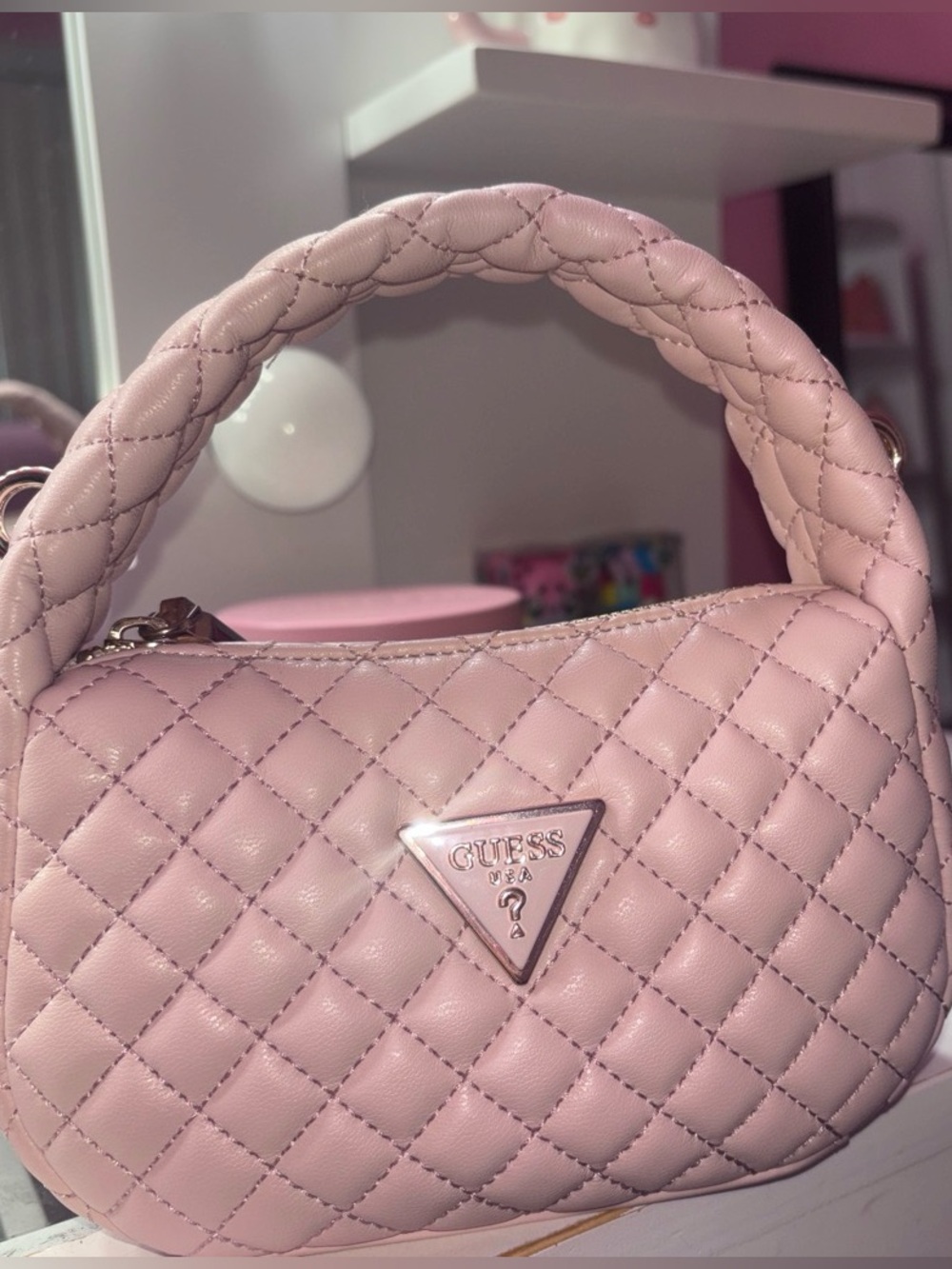 GUESS Quilted Mini Top-Handle Bag in Pale Pink